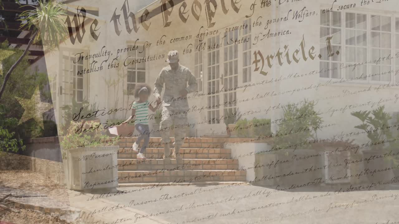 딸과 함께 아프리카계 미국인 남성 군인 위에 있는 미국 발의 애니메이션