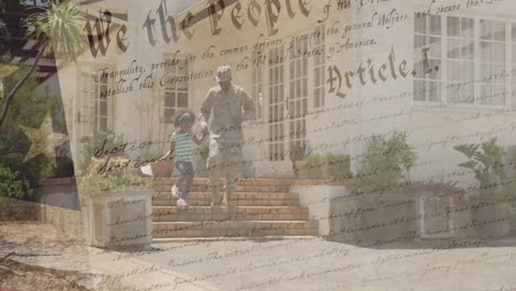 animation of american flag over african american male soldier with daughter