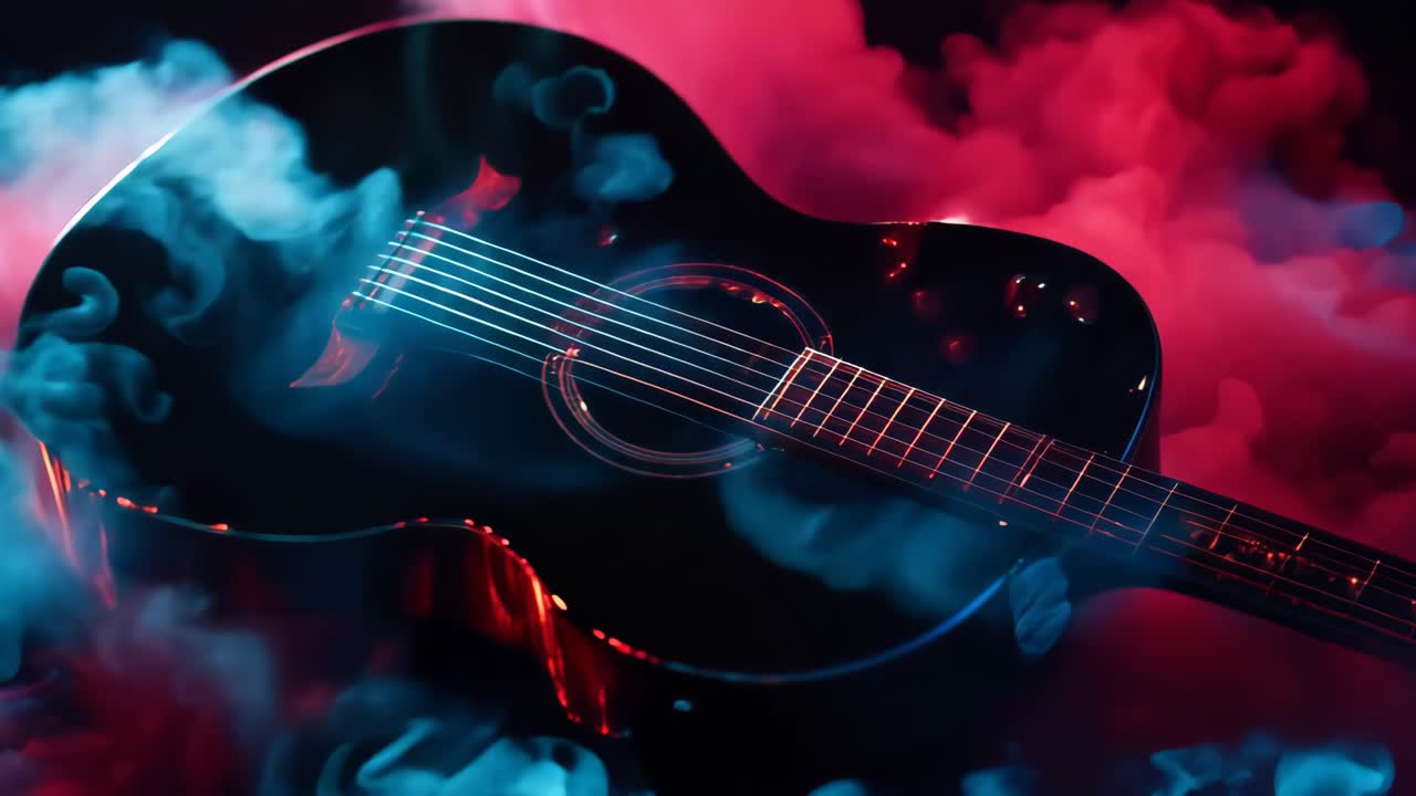 Chitarra acustica nera nel fumo al neon