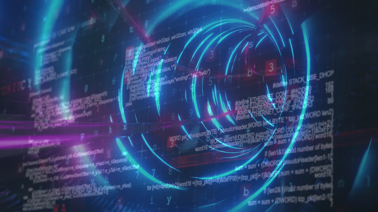 빛의 흔적의 애니메이션과 사이버 보안 데이터 처리가 빛나는 터널에서 원활한 패턴으로