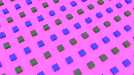 bloques móviles rayas imágenes 3d. líneas de cubos azules y verdes animación vista en perspectiva. cuadrados isométricos que se desplazan en direcciones opuestas. formas geométricas aisladas en fondo rosa brillante video 4k
