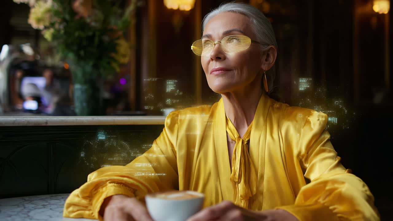 A Thoughtful Senior Woman in a Yellow Blouse Savoring Her Coffee with Digital Elements Around Her, Reflecting a Blend of Modern Technology and Timeless Elegance in a Cozy Café Setting