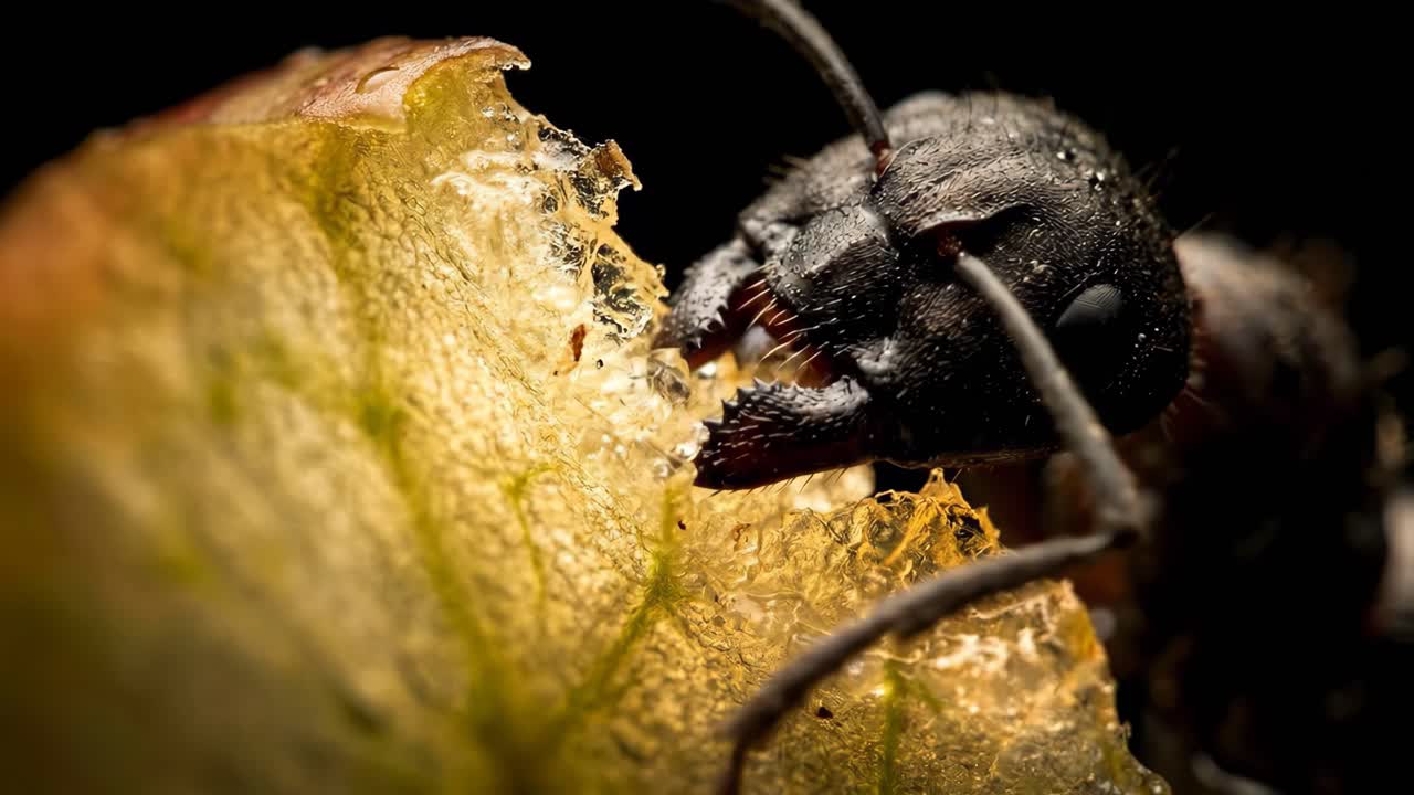 Detailed Macro View of an Ant Eating