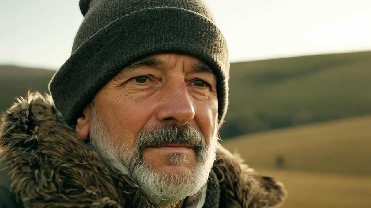 un agricultor con ropa cálida examina un campo soleado, disfrutando de la belleza de la naturaleza en un día de otoño