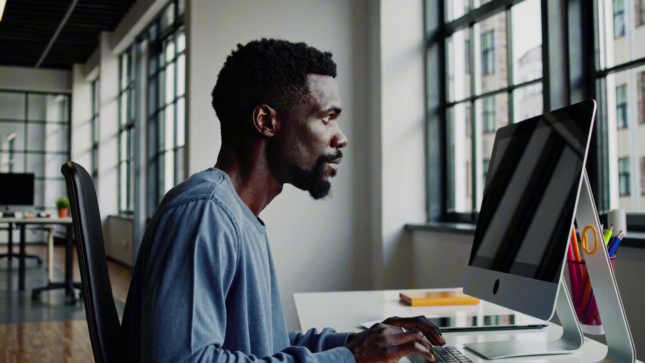 Side angle of a focused man working on a desktop in a modern office