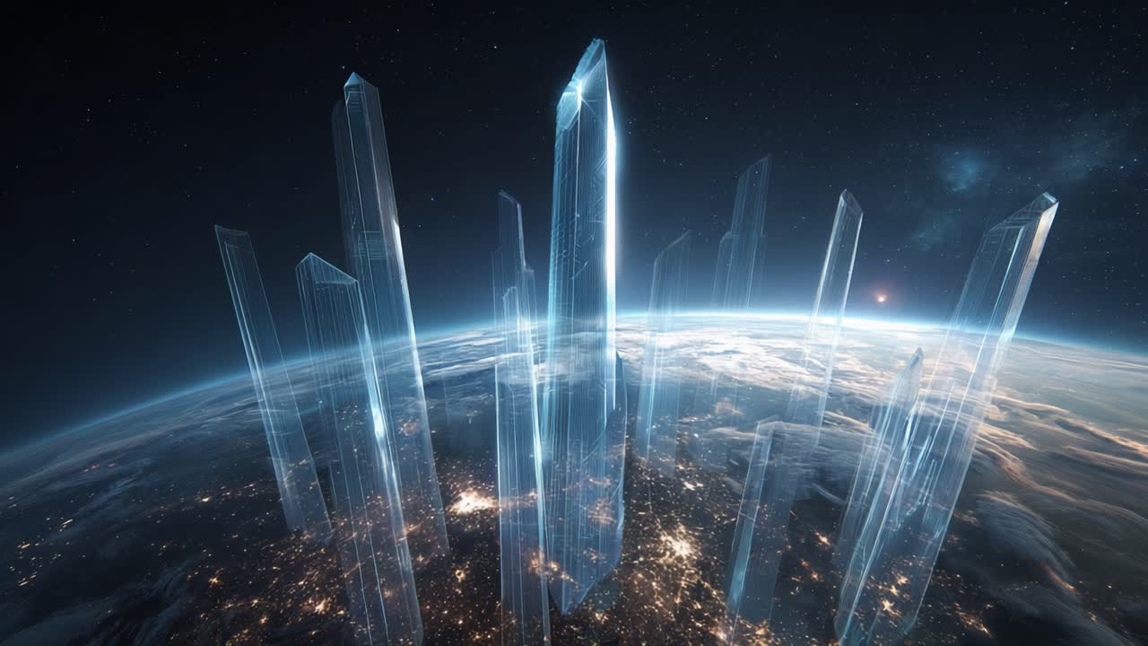 Ethereal view of Earth from orbit with glowing blue crystalline structures rising from city lights at night, symbolizing futuristic civilization, global energy and digital networks