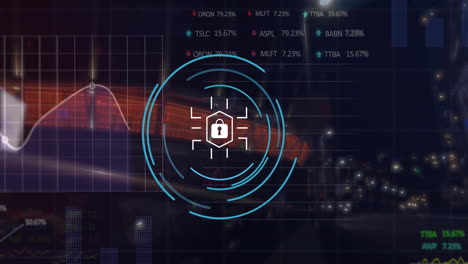 animation of financial data processing over padlock icon