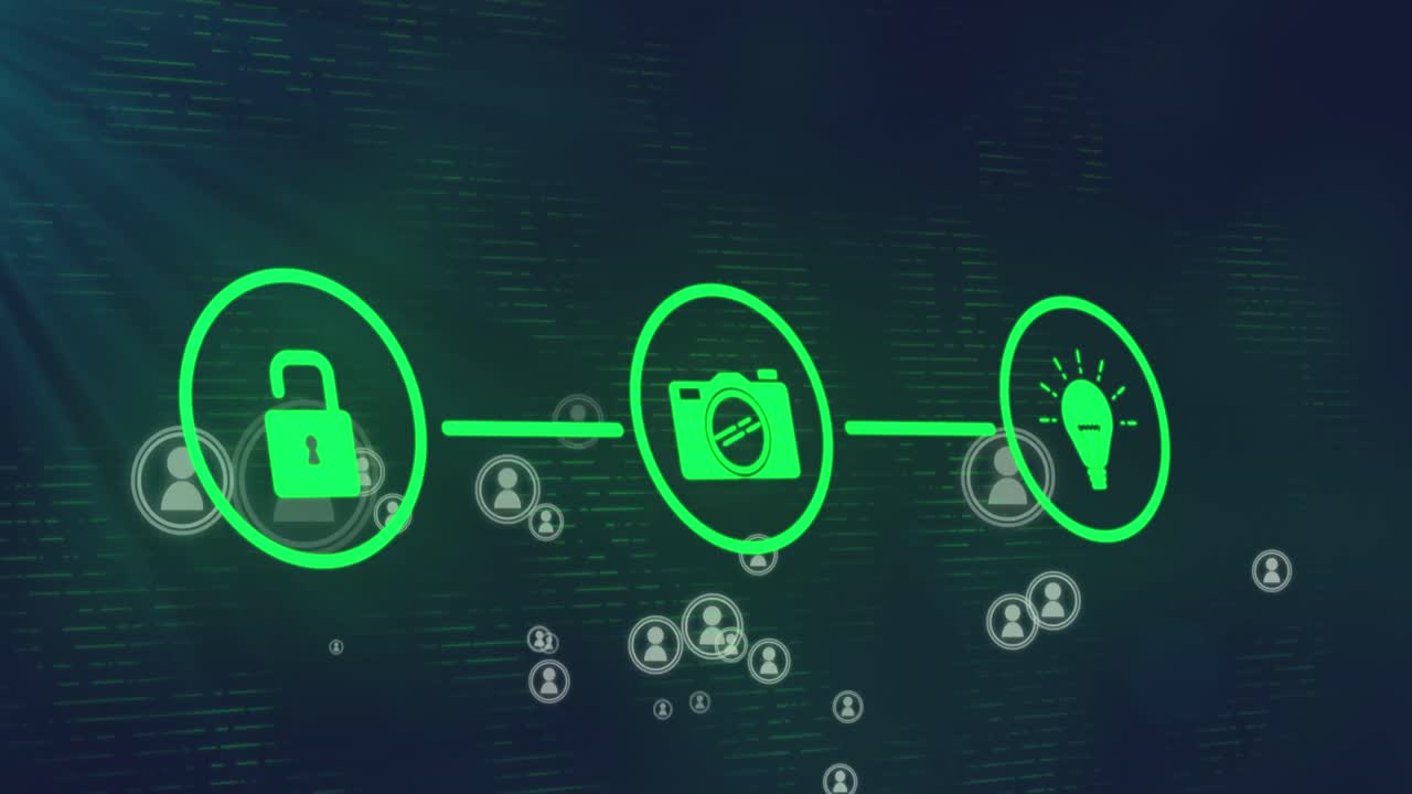 Animation of profile icons floating over network of digital icons and light spot on black background