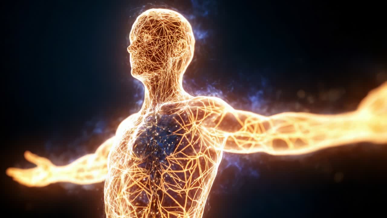 A captivating transformation showcasing an ethereal human figure, shimmering with interconnected energy patterns that illuminate the body and represent the essence of life and consciousness through glowing lines and particles