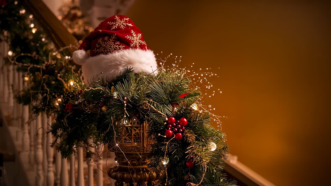Zooming camera for closeup of carved newel post revealing garland lights and Santa hat in stairwell