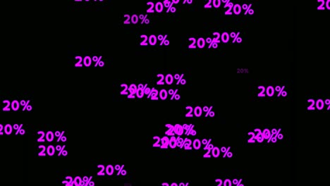 20 % neon number sign symbol modern animation moving up on black background,glowing and shining for video elements business concept black friday sale discount