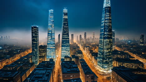 night view of a modern city skyline with illuminated skyscrapers and fog