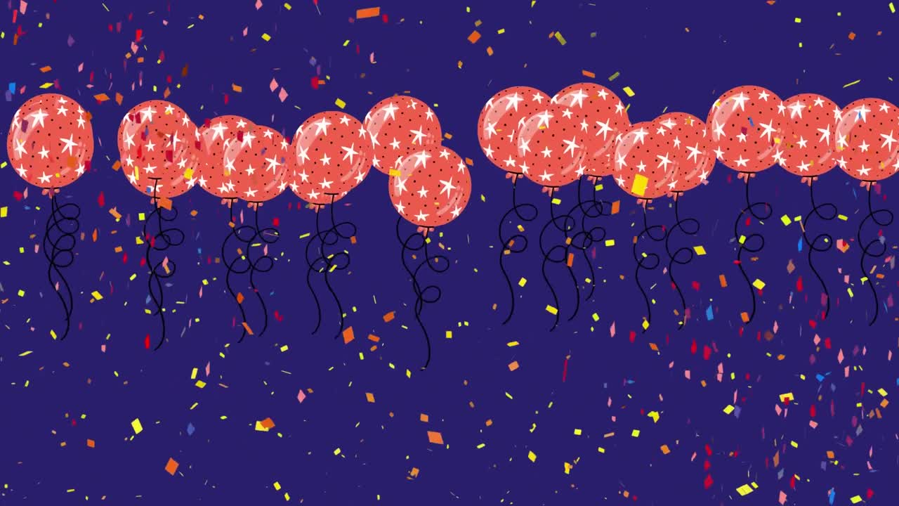 animación de globos rojos volando y confeti cayendo sobre un fondo azul oscuro