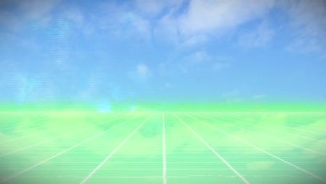 digital animation of green grid network against clouds in the blue sky