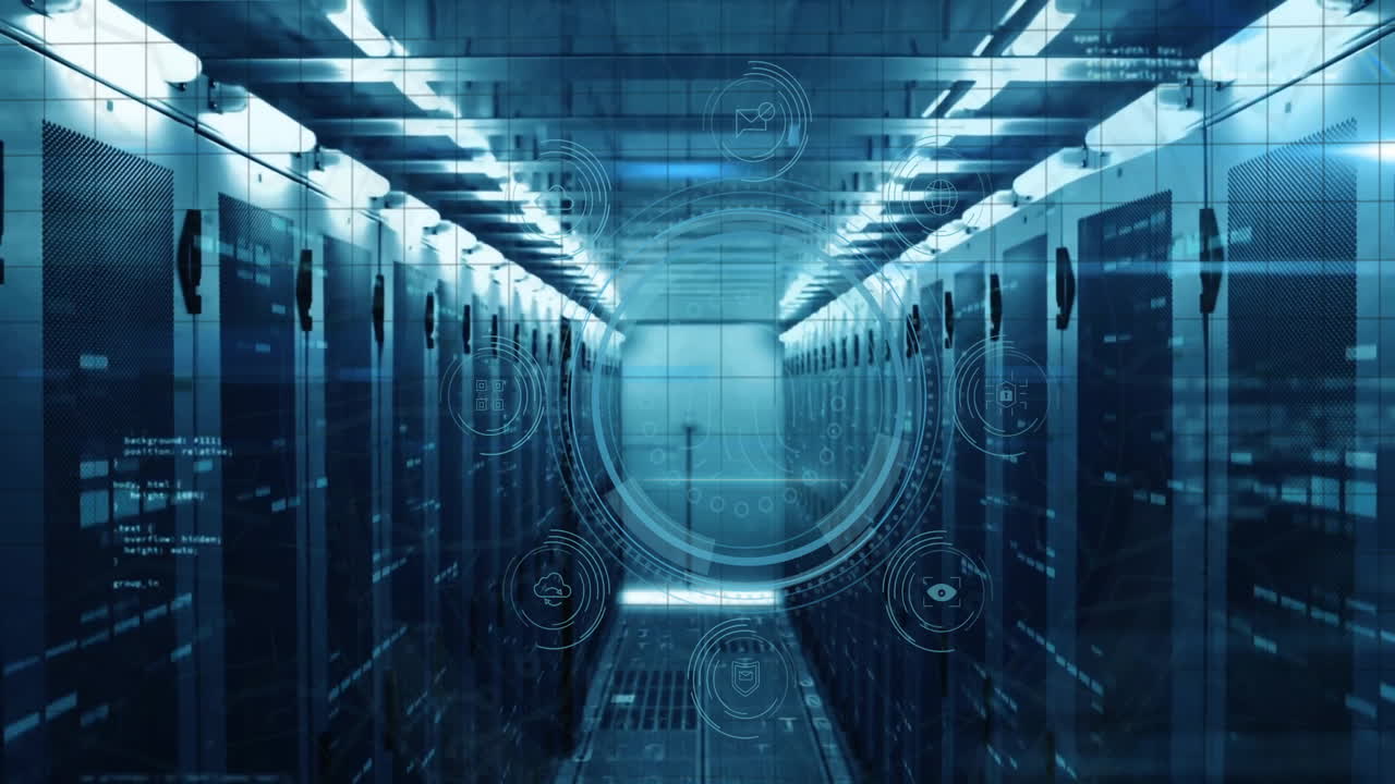 Animation of data protections text and digital data processing over computer servers