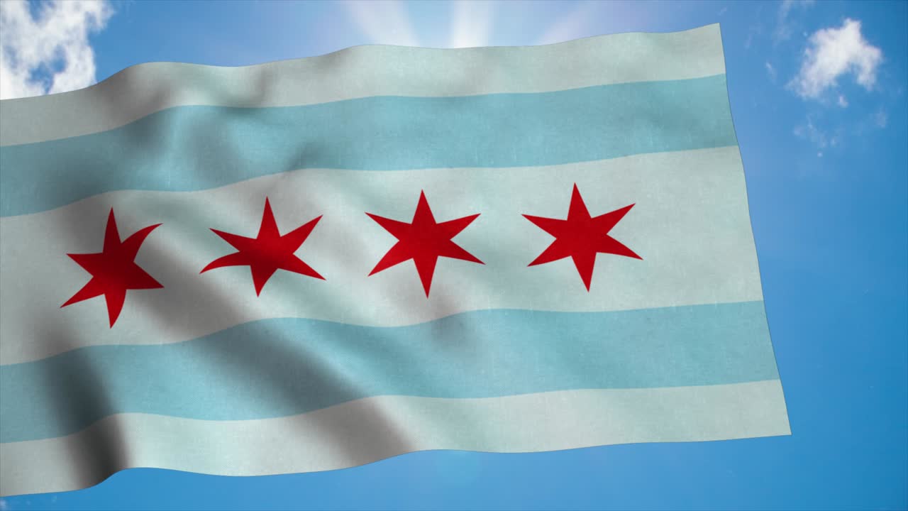 시카고 시의 발이 깊고 아름다운 파란 하늘을 배경으로 바람에 흔들리고 있다.