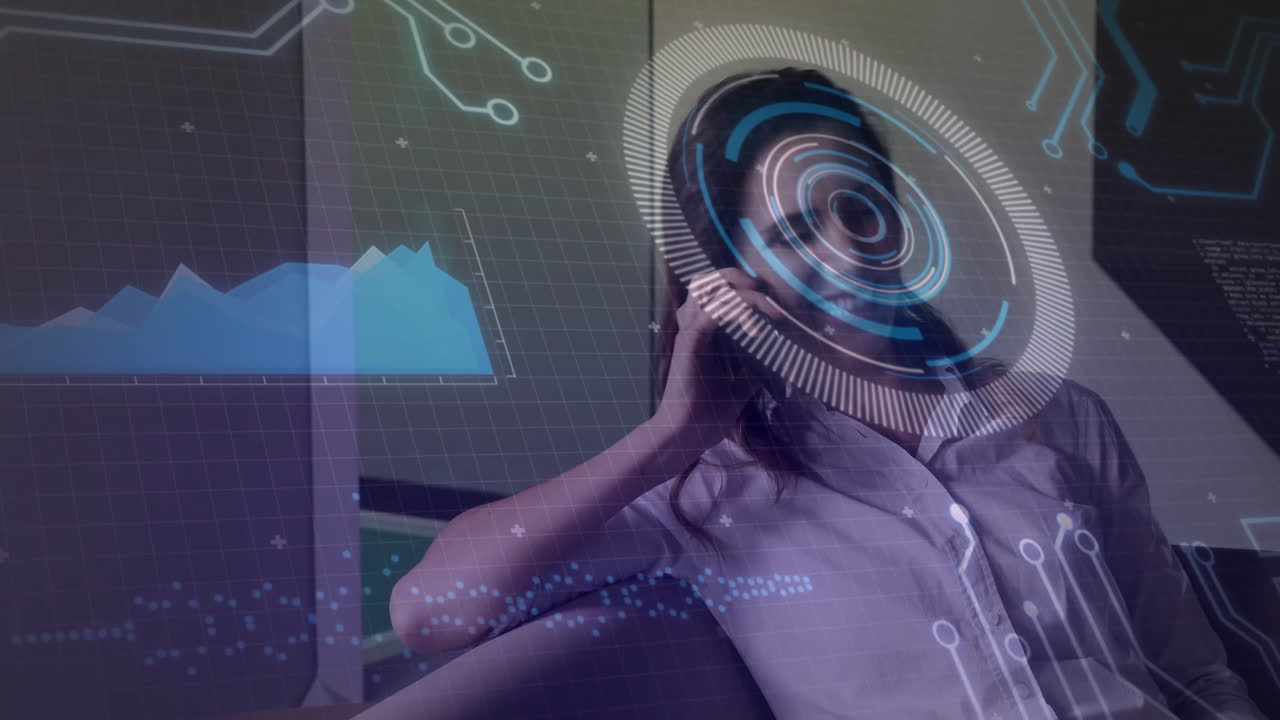 Woman in office with digital data and futuristic interface overlay animation