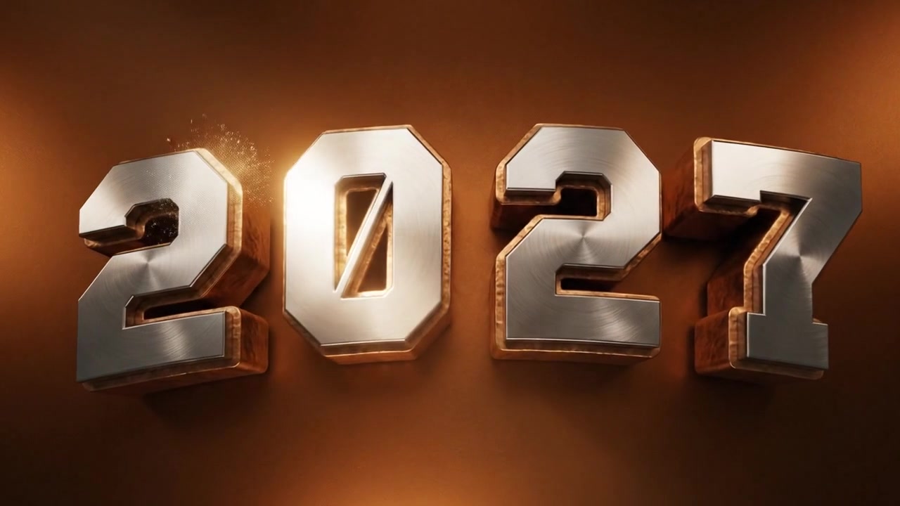 Animazione testo 2027 metallico 3D con particelle dorate