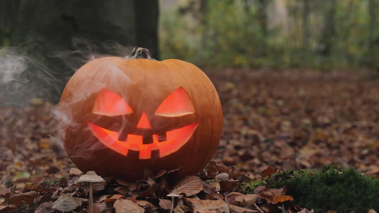 Spooky jack-o’-lantern smoking in misty forest on a carpet of fall leaves