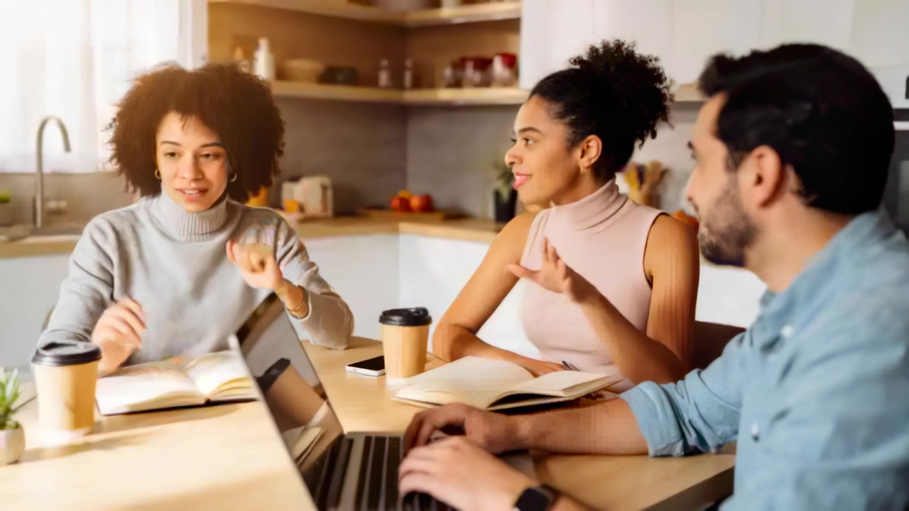 Smiling three peers working, gesturing, noting and typing at kitchen table with laptop notes coffee