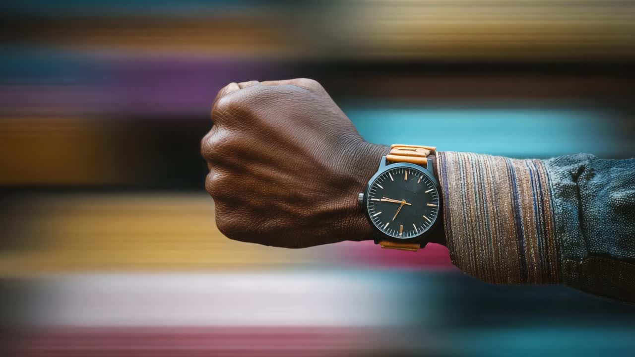 A Dynamic Display of Timekeeping: An Artistic Representation of a Stylish Watch Worn on a Strong Hand Against a Vibrant, Colorful Background