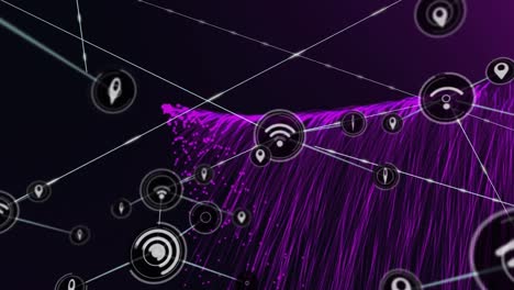 Animation-of-network-of-connections-over-purple-energy-on-black-background