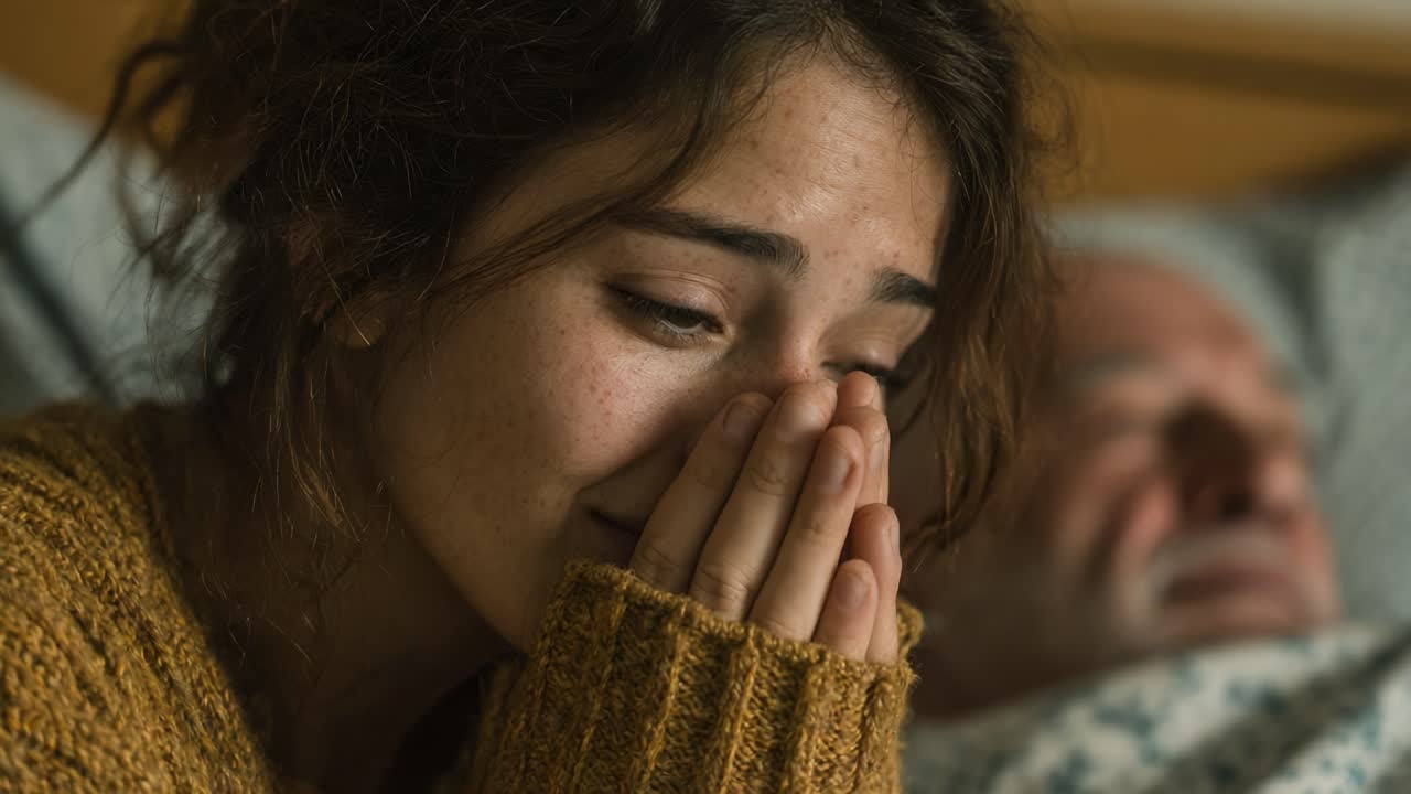 Uma cena profundamente emocionante de uma jovem refletindo sobre a perda enquanto se senta ao lado de sua parente idosa, revelando as complexidades do amor, luto e conexão em um momento tocante
