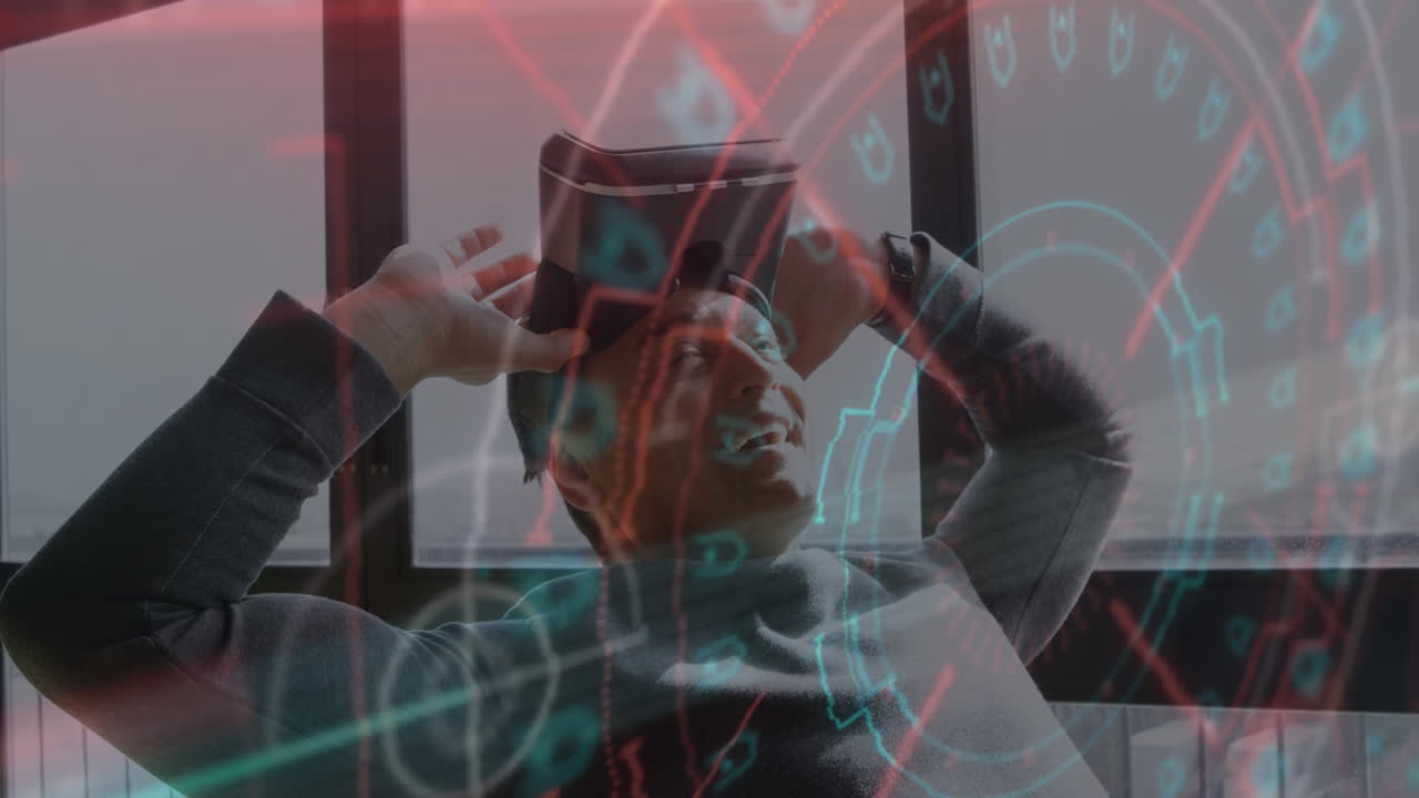 animación del escaneo del alcance y el procesamiento de datos sobre el hombre que usa auriculares vr