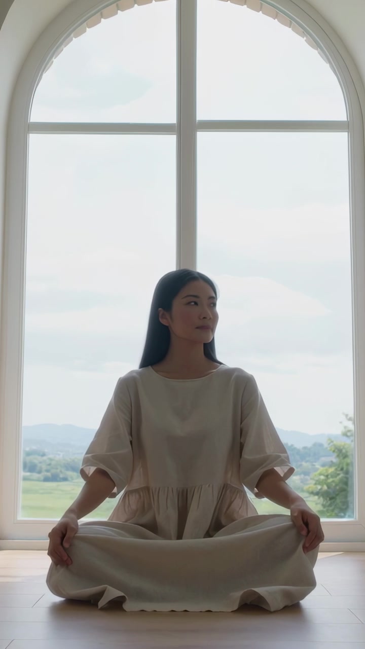 Video verticale: Donna seduta per terra vicino a una finestra ad arco, con un vestito color cuoio, che gira la testa per ammirare le colline.