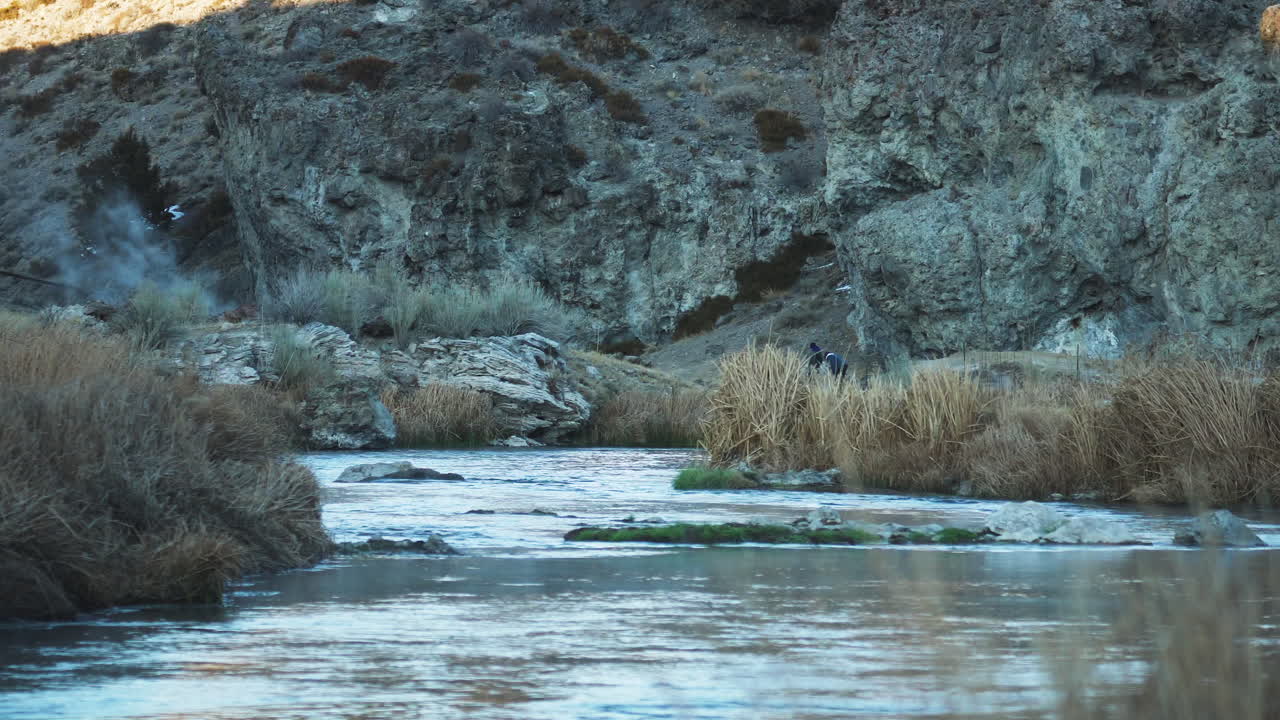 Corso d'acqua e vapore di sorgente termale, Sfondo montano, Sito Geologico di Hot Creek, Transizione di fuoco, Carrello