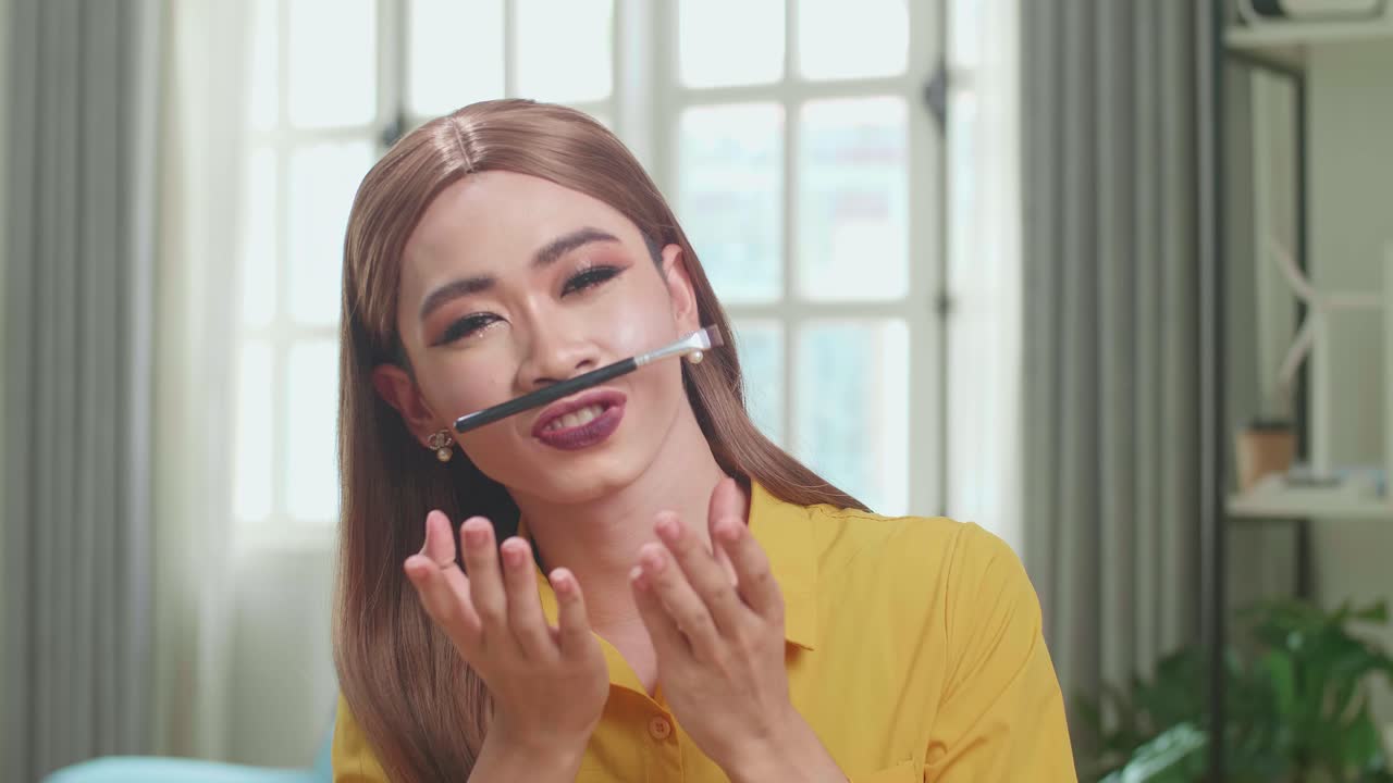 Funny Influencer Young Transgender Woman Blogger Laugh And Smile, Makeup Tutorial Video At Home Studio