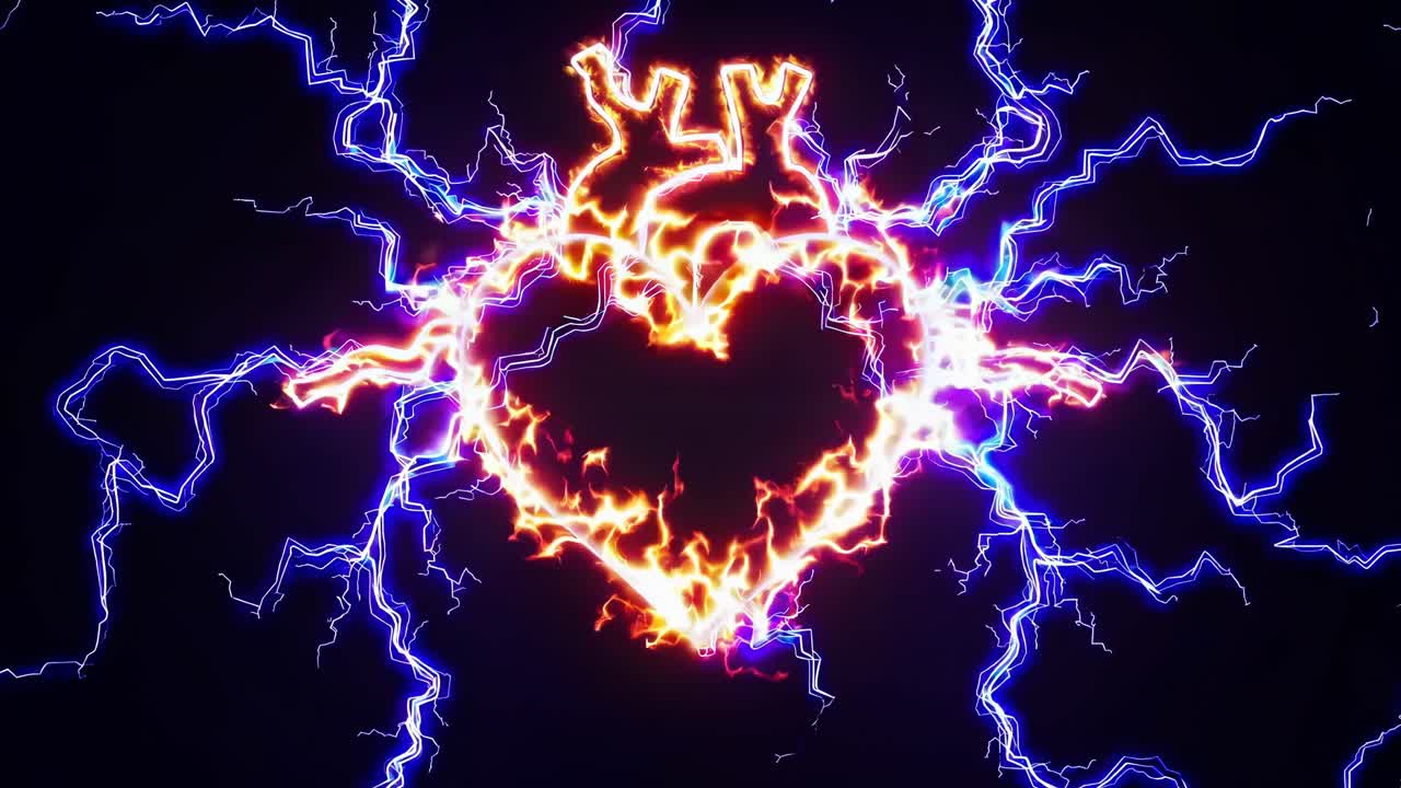 Pulsing human heart glowing with electric energy, symbolizing vibrant life force against stark black background, representing biological power and intense emotional connection
