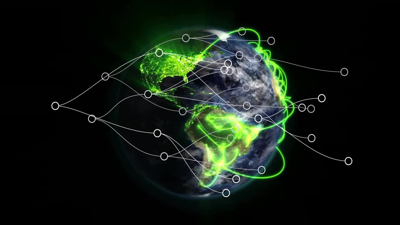Animazione di connessioni di rete verdi luminose che circondano la Terra, evidenziando la comunicazione globale