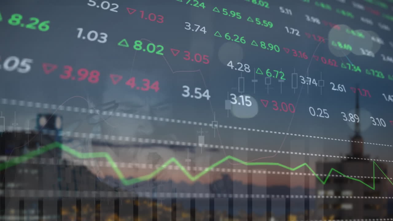animación del procesamiento de datos financieros sobre el paisaje urbano