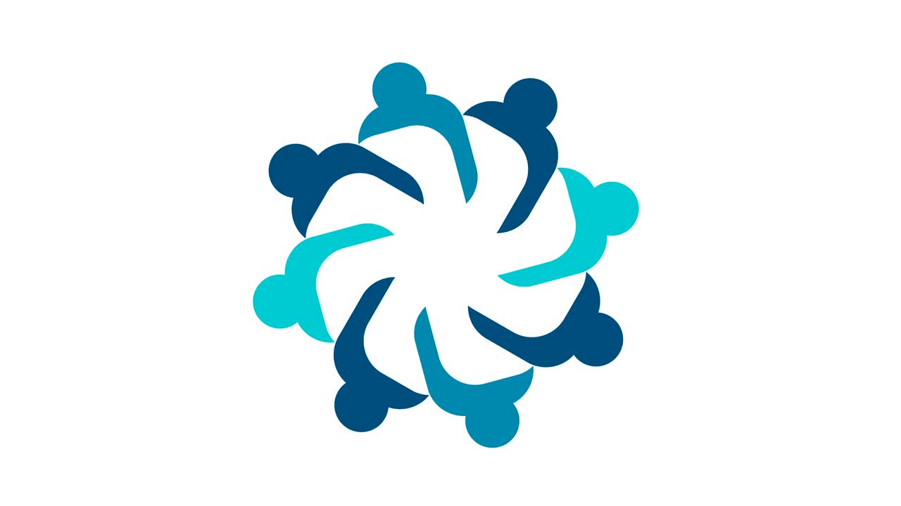 로고: 그룹 팀워크: 8명의 사람들이 원을 이루고 있는 모션 그래픽