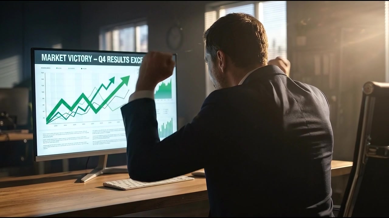 Uomo d'affari che celebra risultati finanziari di successo sullo schermo del computer