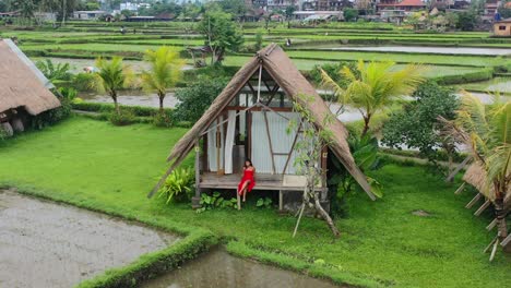 young-asian-girl-in-red-dress-sitting-on-balcony-of-rice-field-hut-villa-in-Ubud-Bali,-aerial