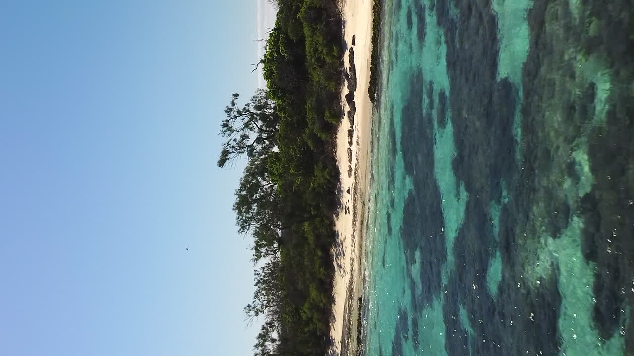 Sorvolo verticale sopra un'isola tropicale verso una barca a vela in una cala poco profonda, Nuova Caledonia