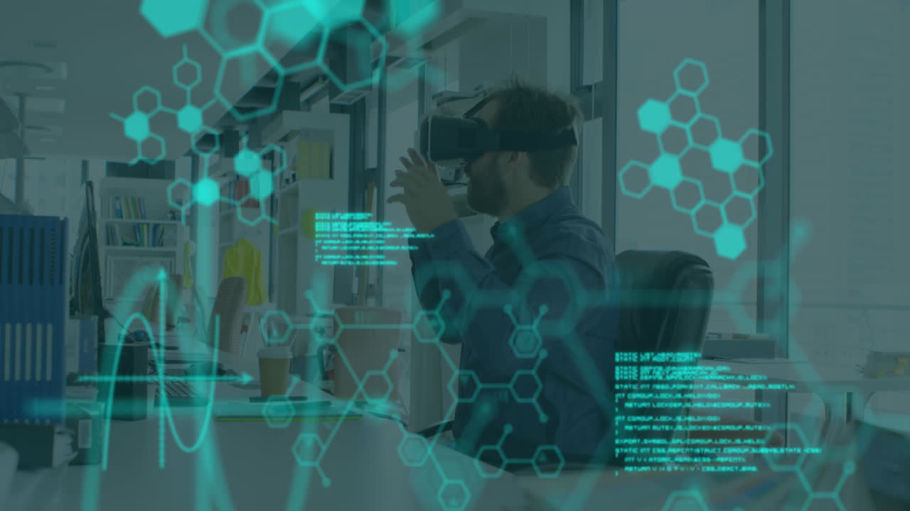 Animation of medical data processing over businessman wearing vr headset