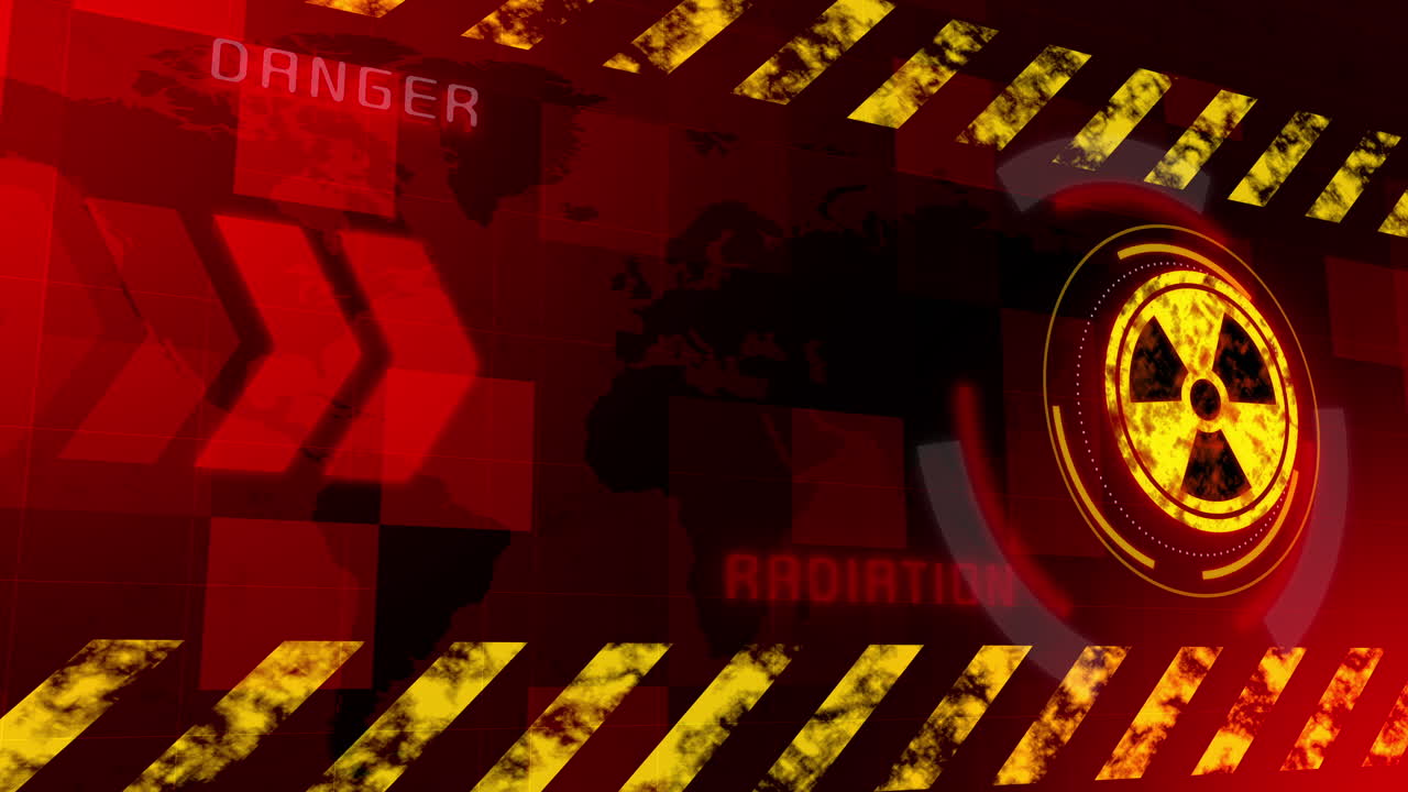 Red grunge background with nuclear danger warning. Flashing arrows and radiation sign. Looped motion graphics.