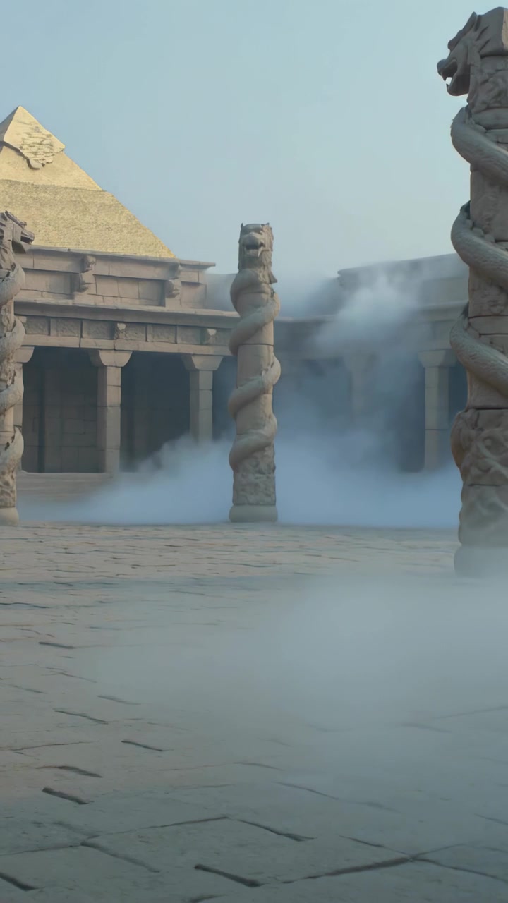 Video verticale: Nebbia bassa che si sposta da destra attraverso il cortile, velando il pilastro centrale intagliato.