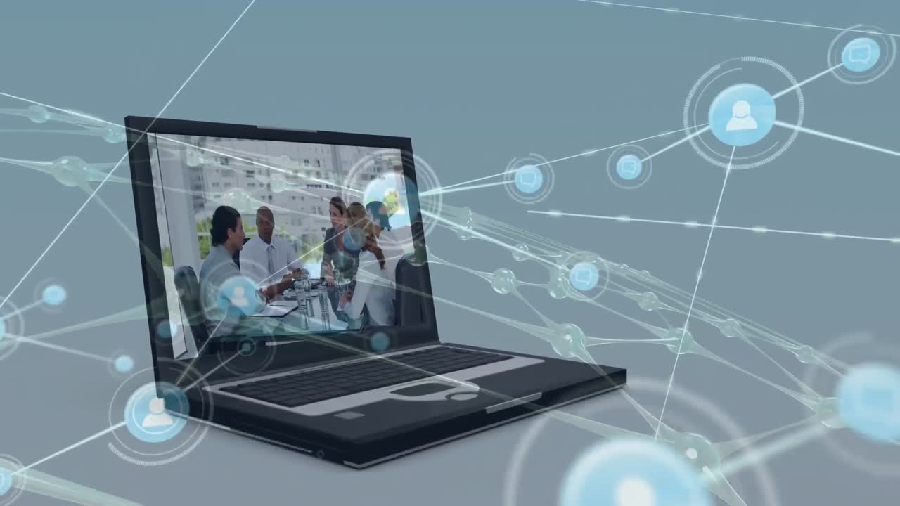 Animation of network of digital icons against business data processing on laptop on blue background