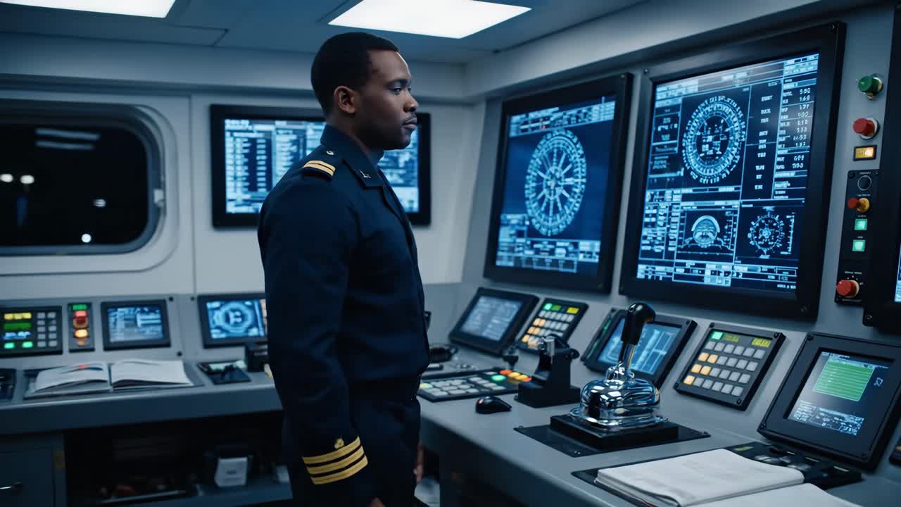 Ship Bridge Officer at Navigation Control Panel