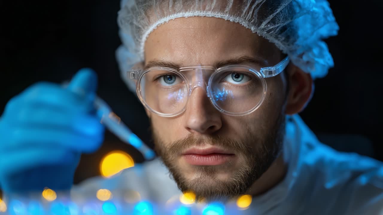 Focused Scientist Conducting Experiment with Precision: A Close-Up on Laboratory Research and Innovation Under Low Light Conditions