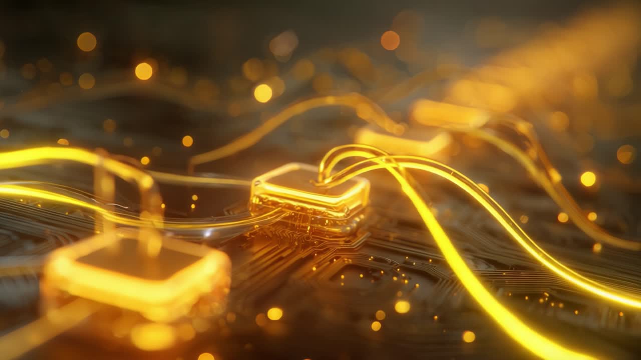 Golden light streams representing data flowing through a futuristic computer processor and electronic components, illustrating concepts of digital innovation, AI, and information technology