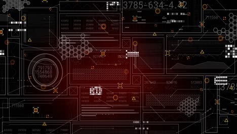 animation of hexagons pattern and geometric shapes over connected dots against digital brain