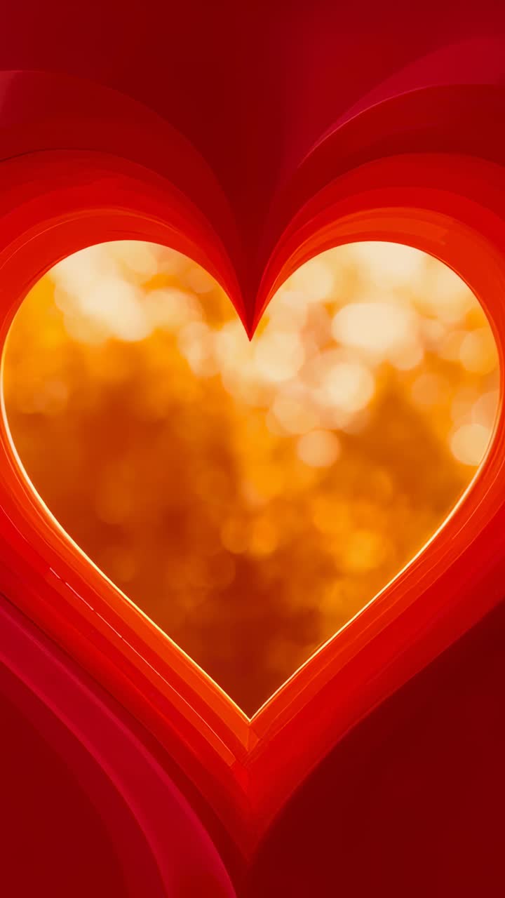 Video verticale: luce crescente che fa sì che un cuore di carta ritagliato rosso riempia l'inquadratura con un caldo effetto bokeh in studio