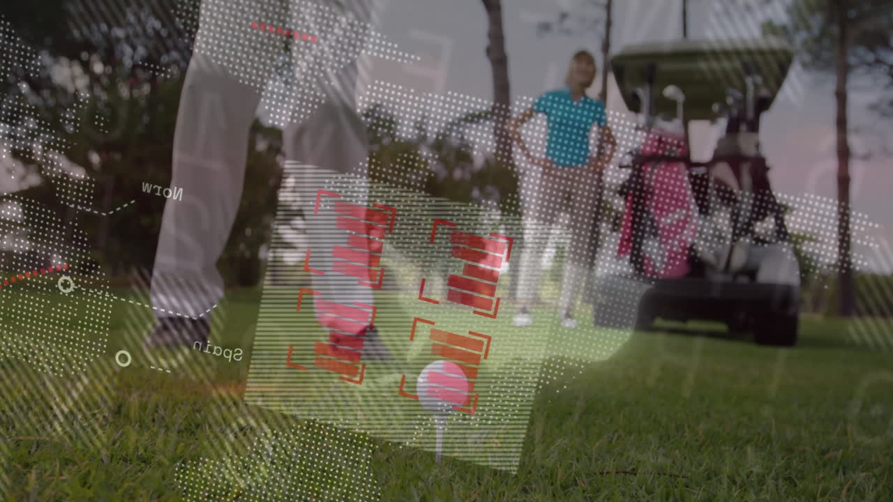 On golf course, animation overlaying scene with digital data and graphics