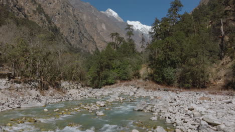 drone shot of landscape of langtang national park, nepal, peaceful river flowing through scene features shiny mountain backdrop, and mix of dry and green trees tranquil environment