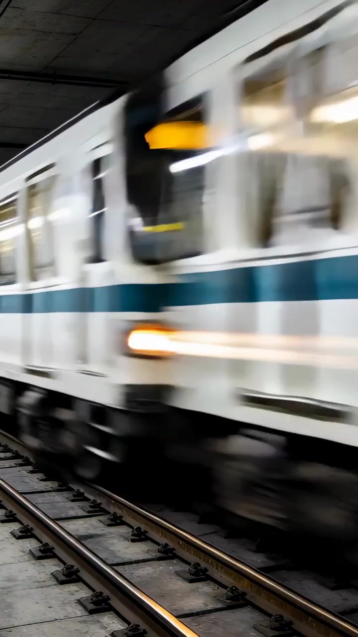 Video verticale: Passa un treno bianco con una fascia verde acqua, i finestrini dei vagoni sono illuminati, non si ferma in piattaforma.